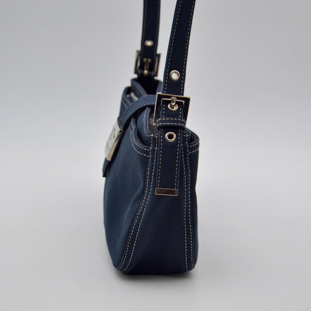 Sac Fendi Baguette Toile Bleu Marine Fermoir Ff Émail Vintage