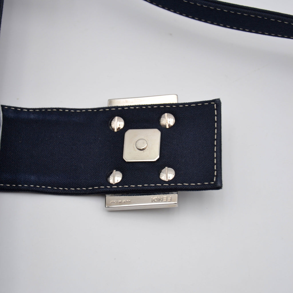 Sac Fendi Baguette Toile Bleu Marine Fermoir Ff Émail Vintage