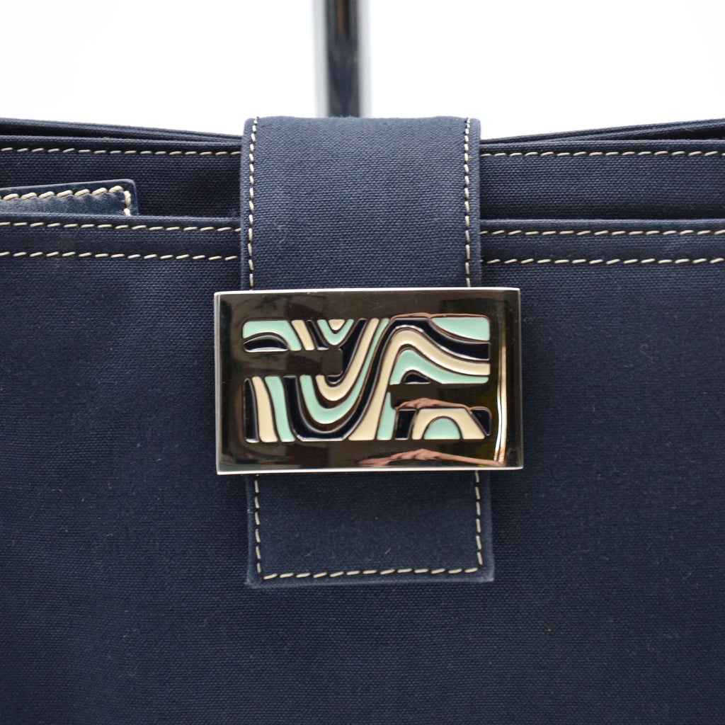 Sac Fendi Baguette Toile Bleu Marine Fermoir Ff Émail Vintage