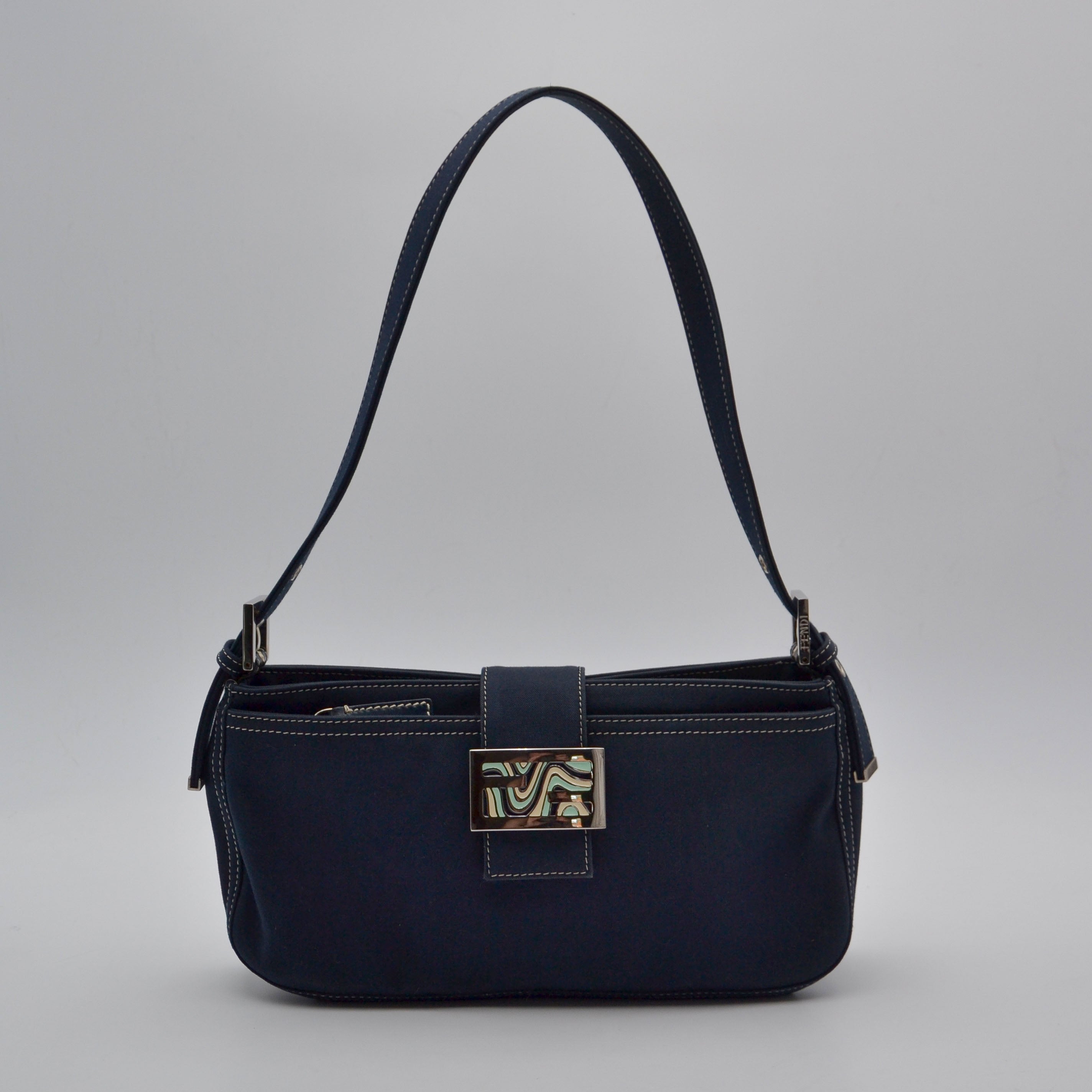 Sac Fendi Baguette Toile Bleu Marine Fermoir Ff Émail Vintage