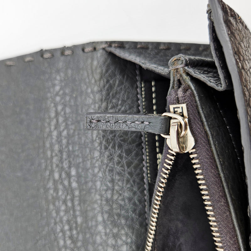 Portefeuille Fendi Selleria Cuir Grainé Gris Anthracite Unisexe