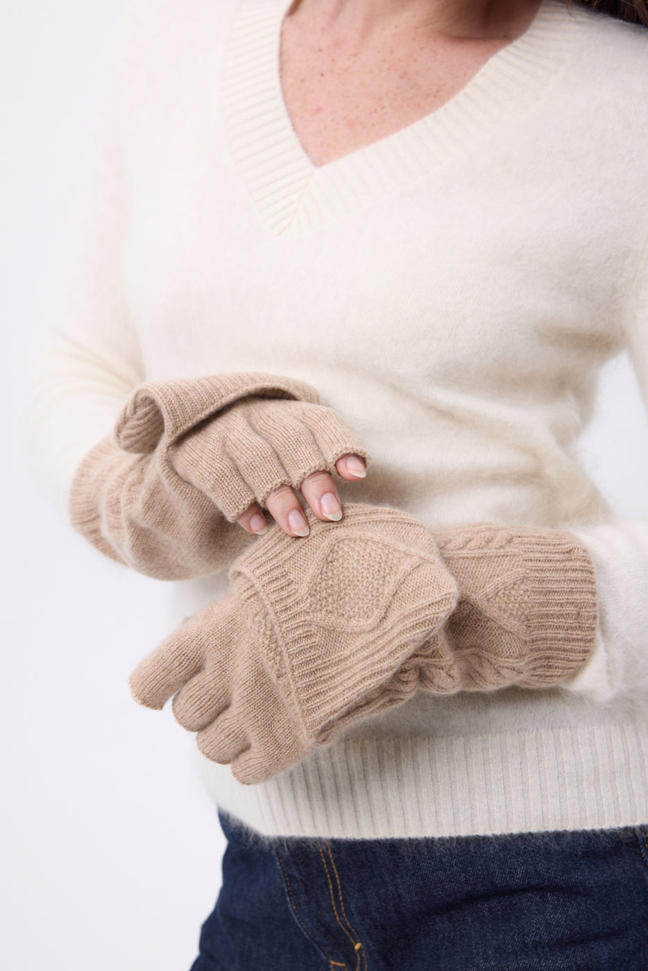 Fergane Flip-Top Fingerless Gloves - Cream Beige - Unisex