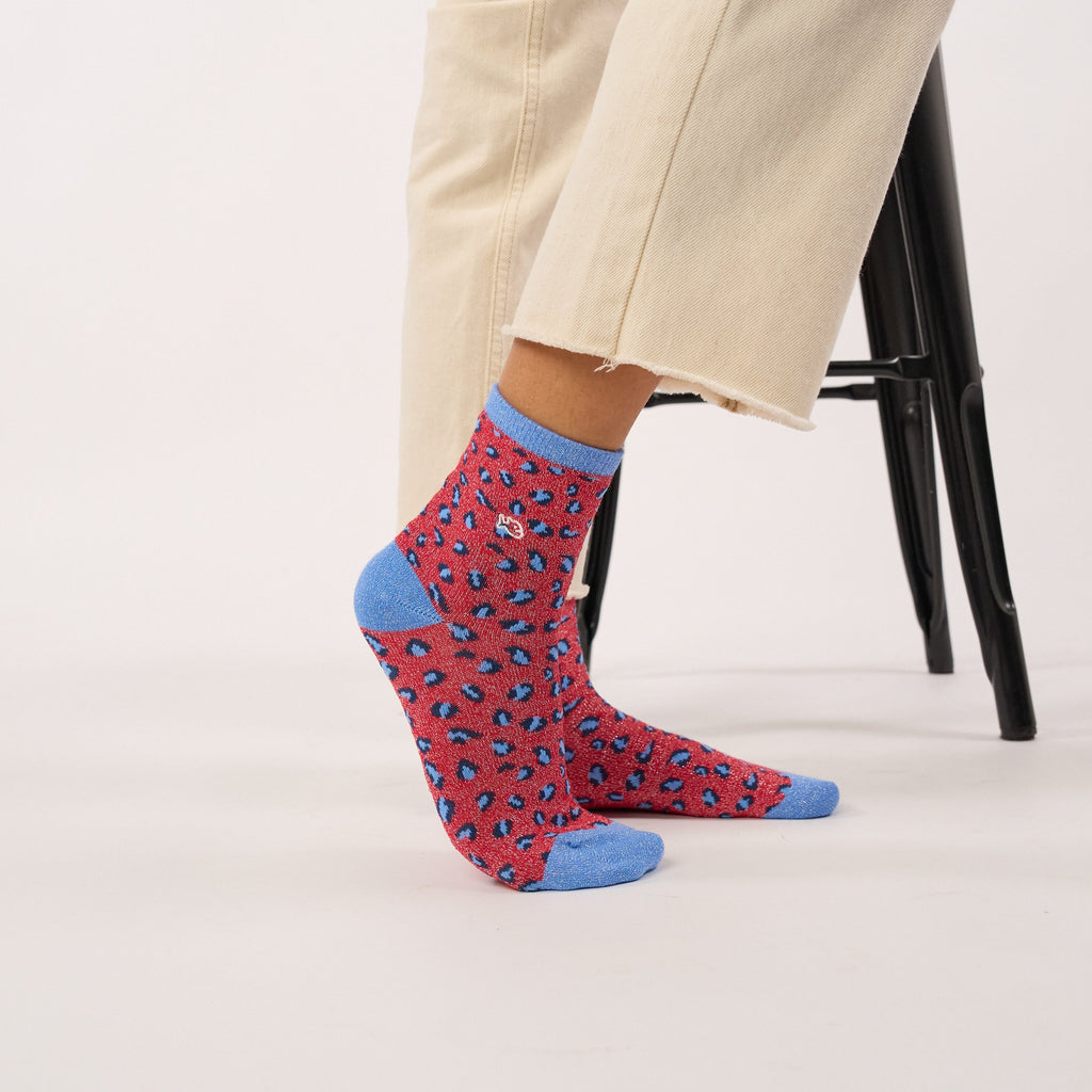 Chaussettes Pailletées En Coton Peigné Léopard - Rouge
