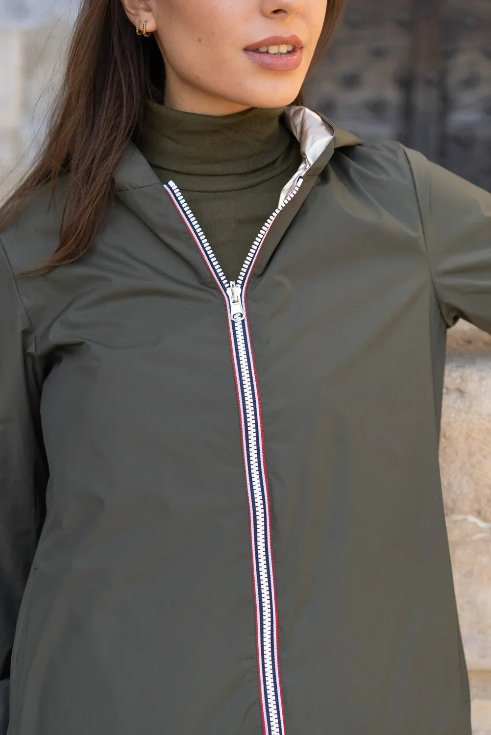 Long Elena Raincoat - Khaki/Gold