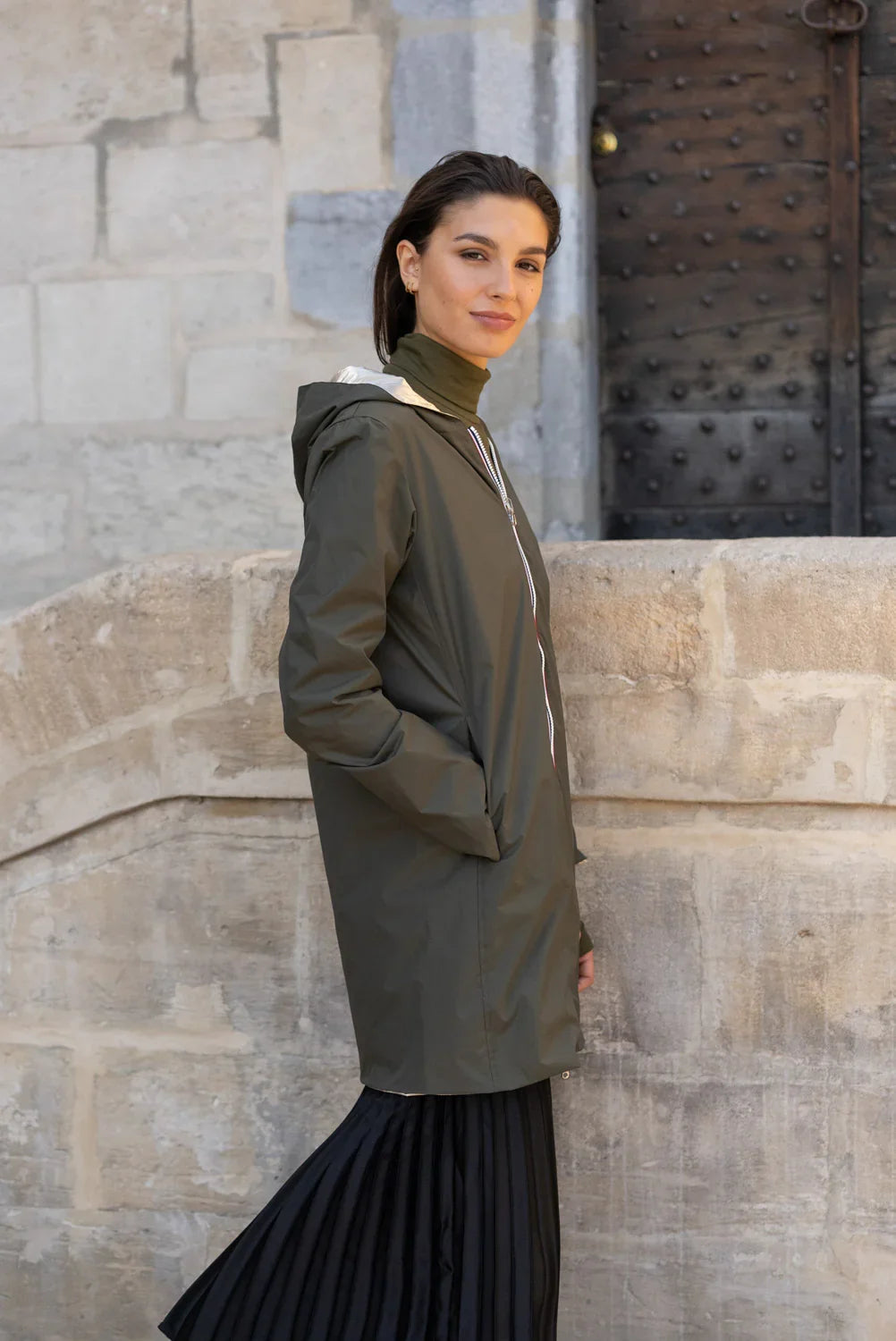 Long Elena Raincoat - Khaki/Gold