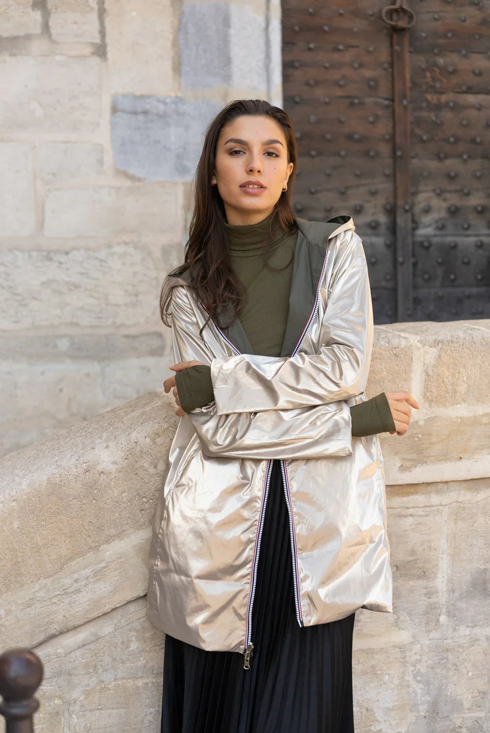 Long Elena Raincoat - Khaki/Gold