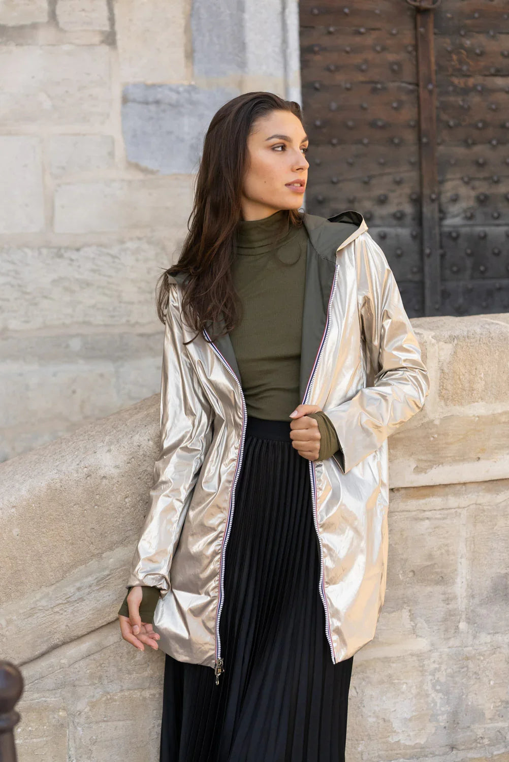 Long Elena Raincoat - Khaki/Gold