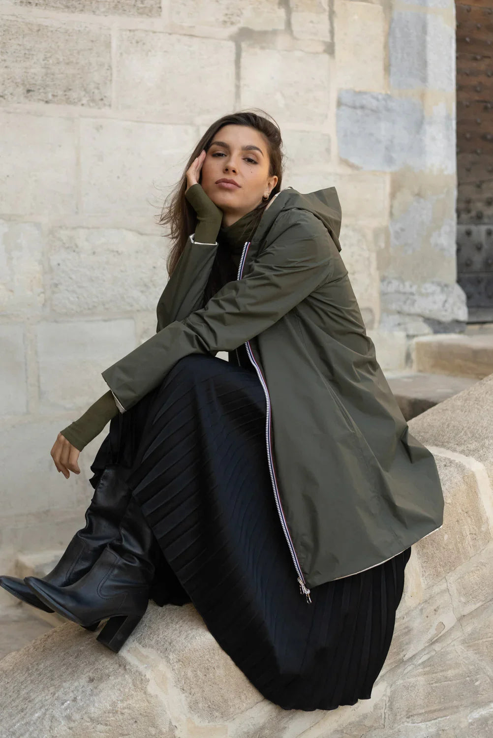 Long Elena Raincoat - Khaki/Gold