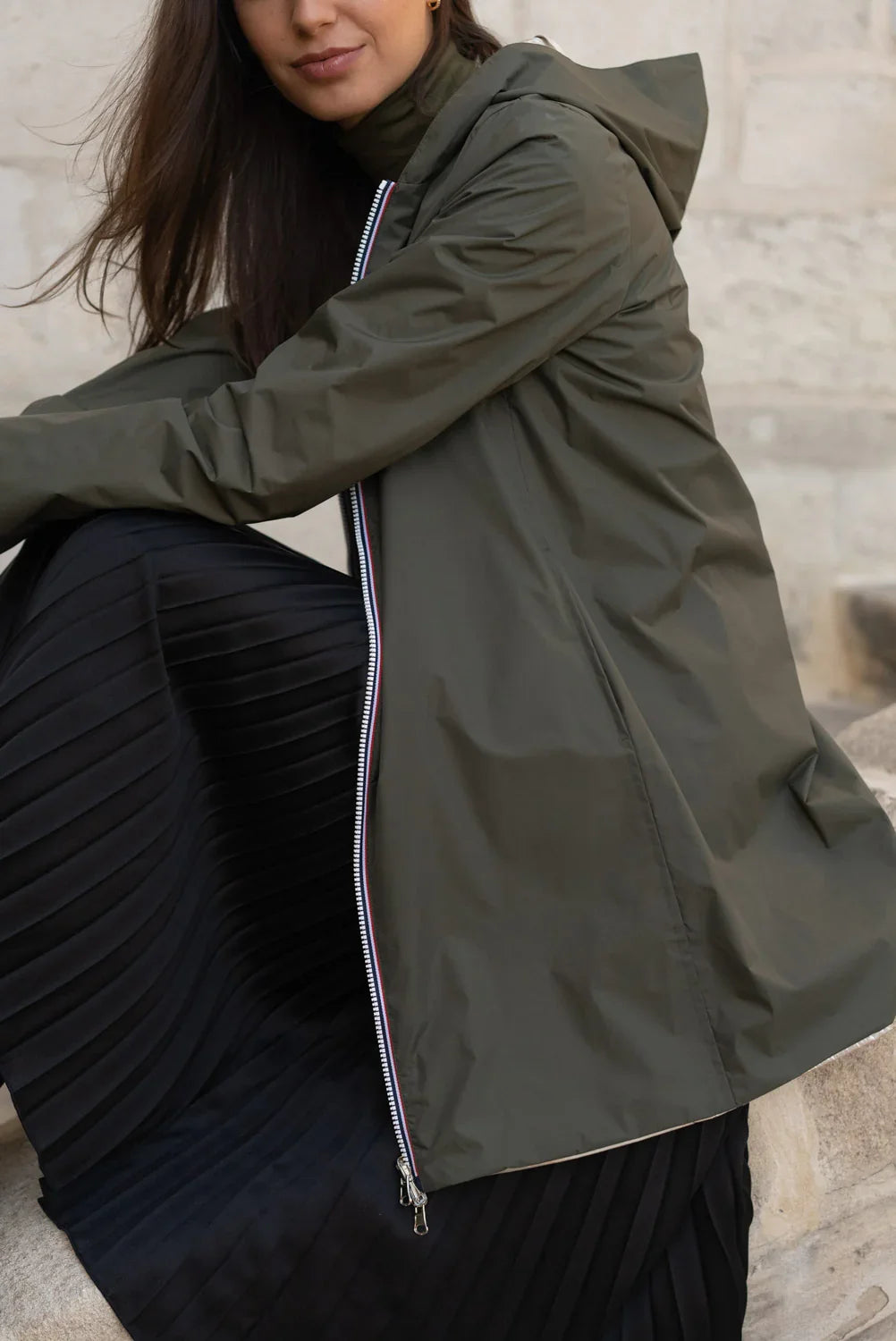 Long Elena Raincoat - Khaki/Gold