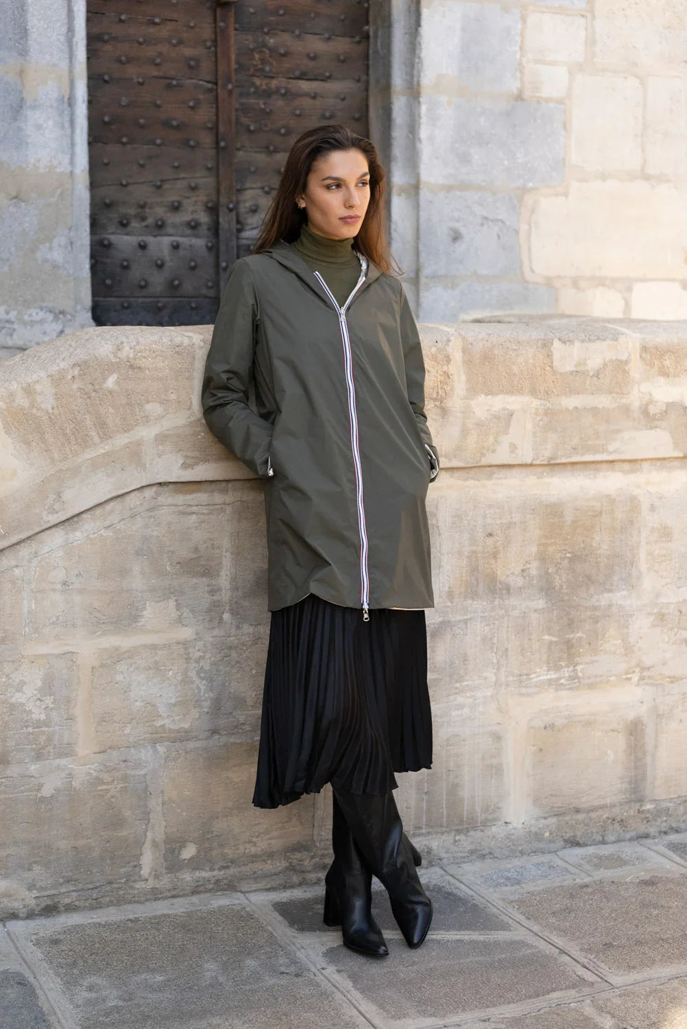 Long Elena Raincoat - Khaki/Gold