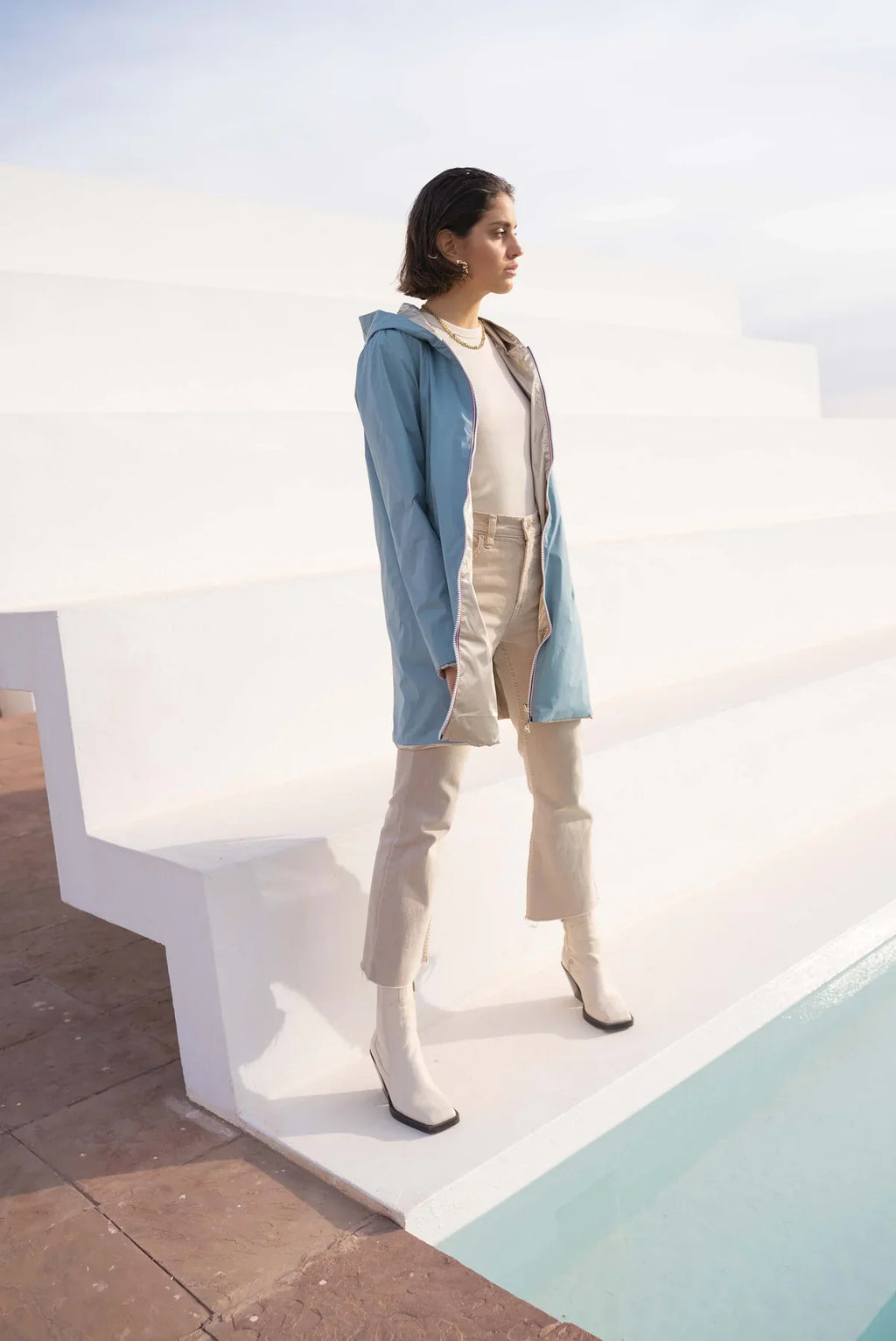Long Elena Raincoat - Sky Blue/Gold