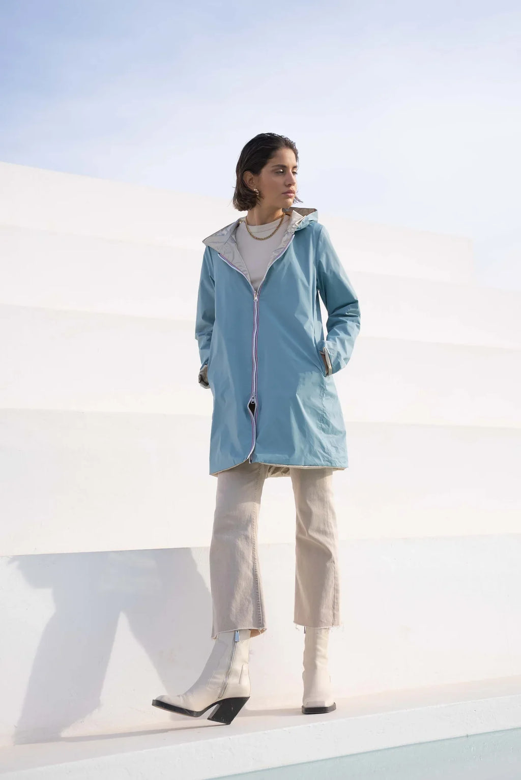 Long Elena Raincoat - Sky Blue/Gold