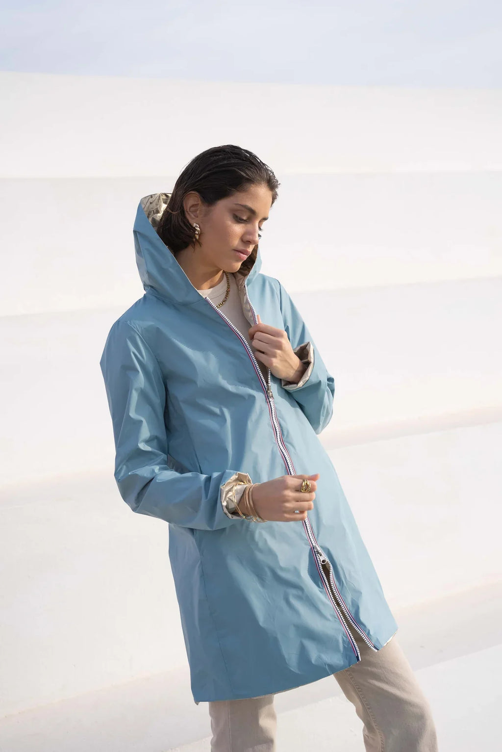 Long Elena Raincoat - Sky Blue/Gold