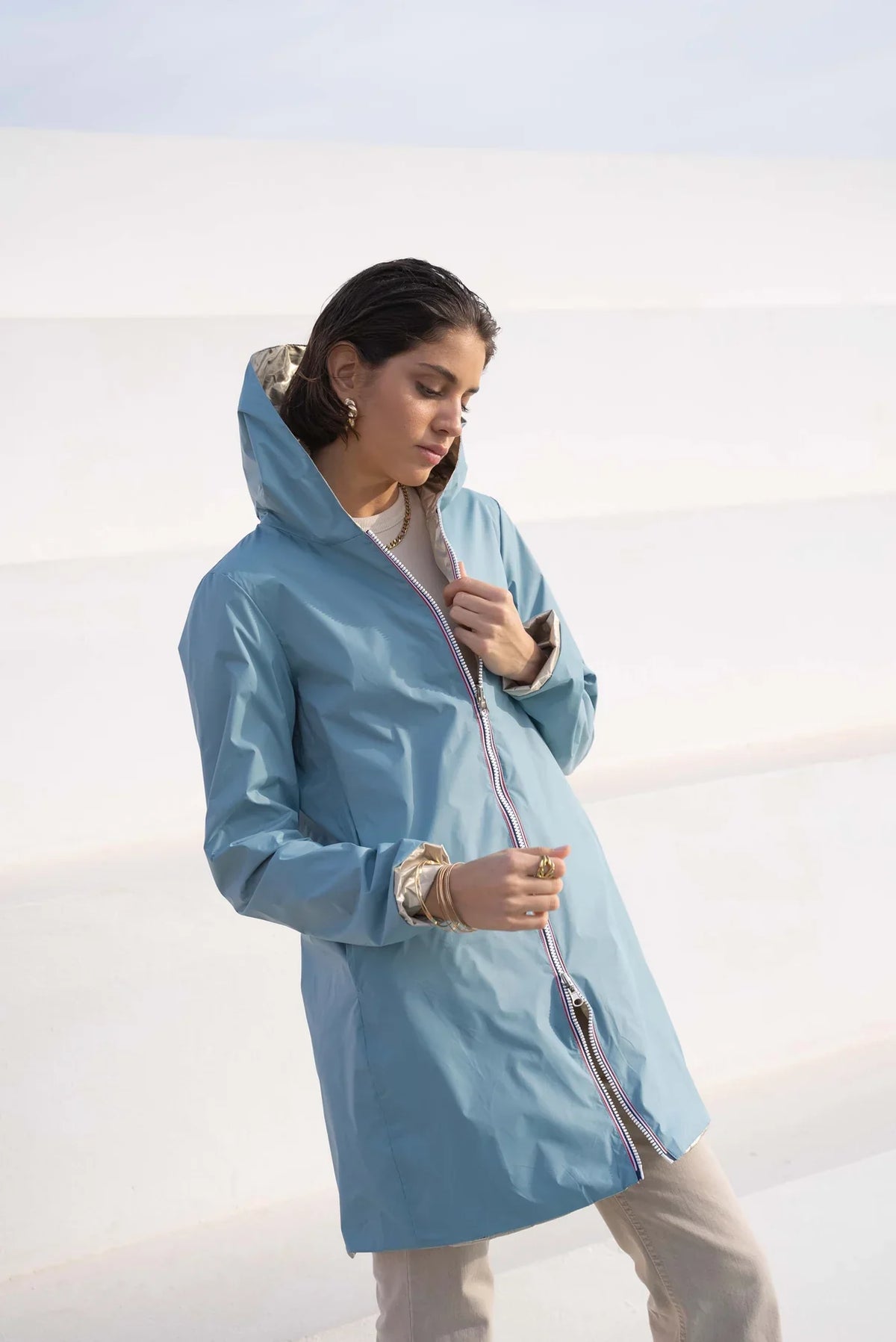 Long Elena Raincoat - Sky Blue/Gold
