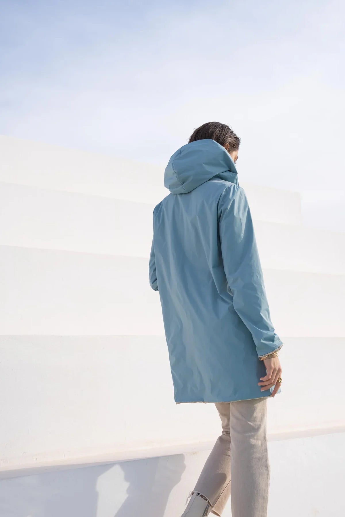 Long Elena Raincoat - Sky Blue/Gold
