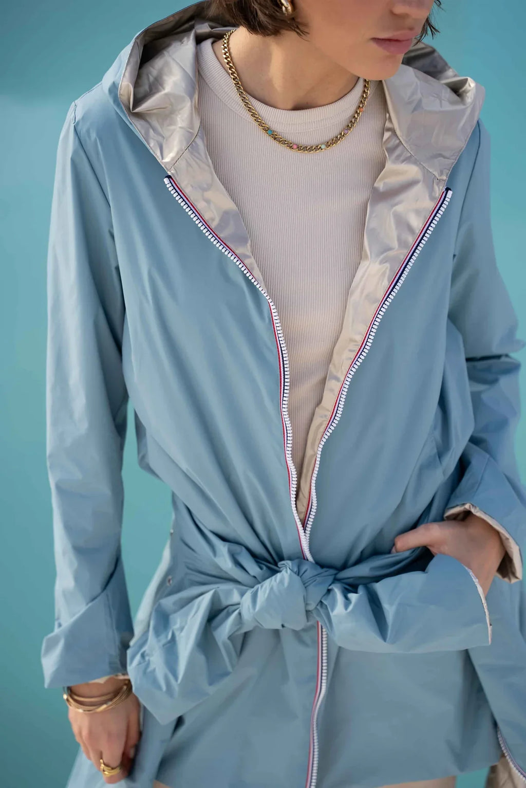 Long Elena Raincoat - Sky Blue/Gold