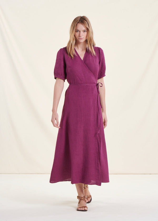 Long Purple Linen Wrap Dress