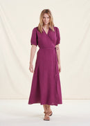 Vestido largo cruzado de lino morado