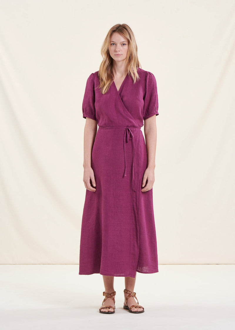 Vestido largo cruzado de lino morado