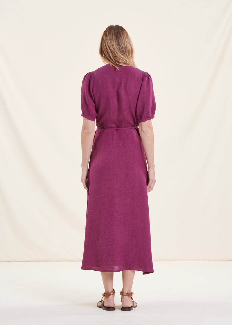 Vestido largo cruzado de lino morado