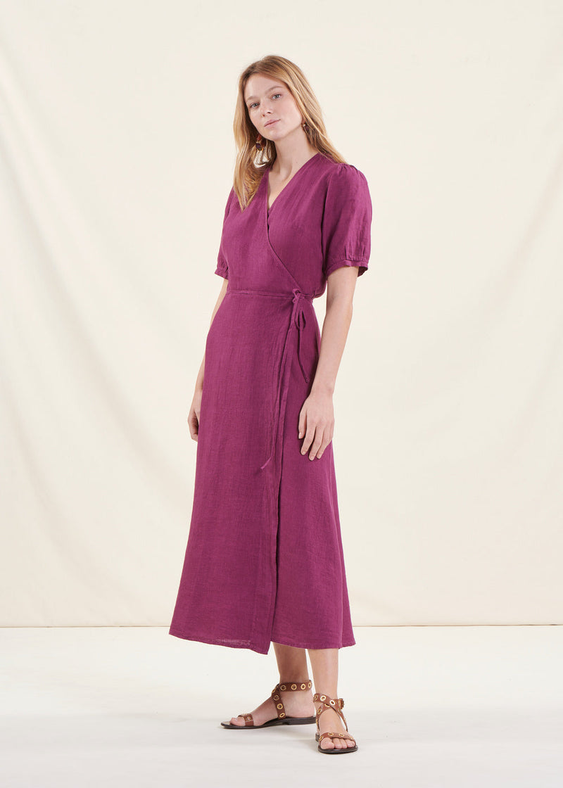 Vestido largo cruzado de lino morado