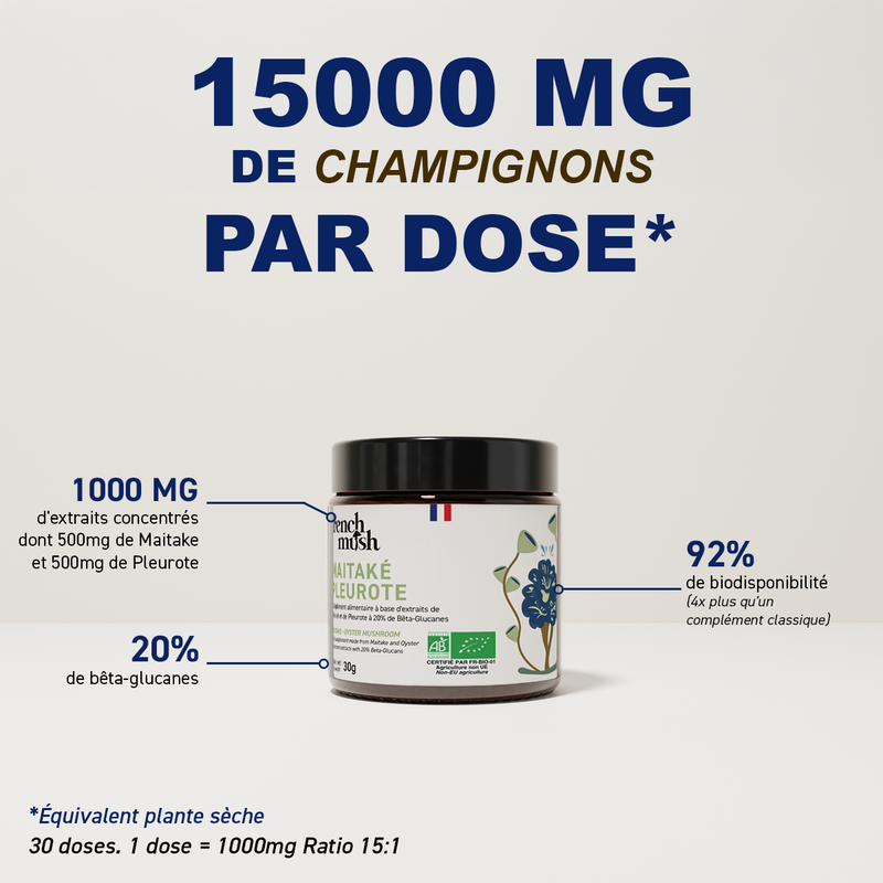 French Mush compléments alimentaires à base d'extraits de champignons médicinaux biologiques fabriqués en France Duo Maïtake Pleurote Bio - poudre -