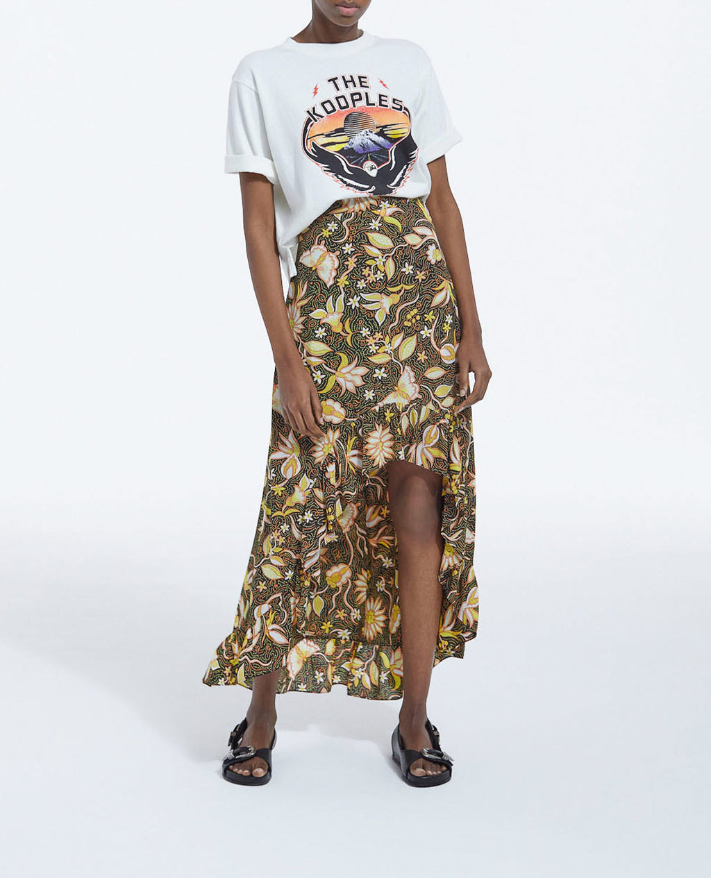 The Kooples - Asymmetric Floral Skirt with Ruffles - Black - Women