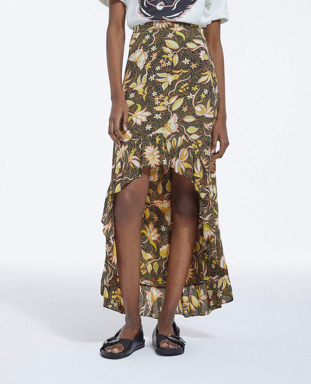 The Kooples - Asymmetric Floral Skirt with Ruffles - Black - Women