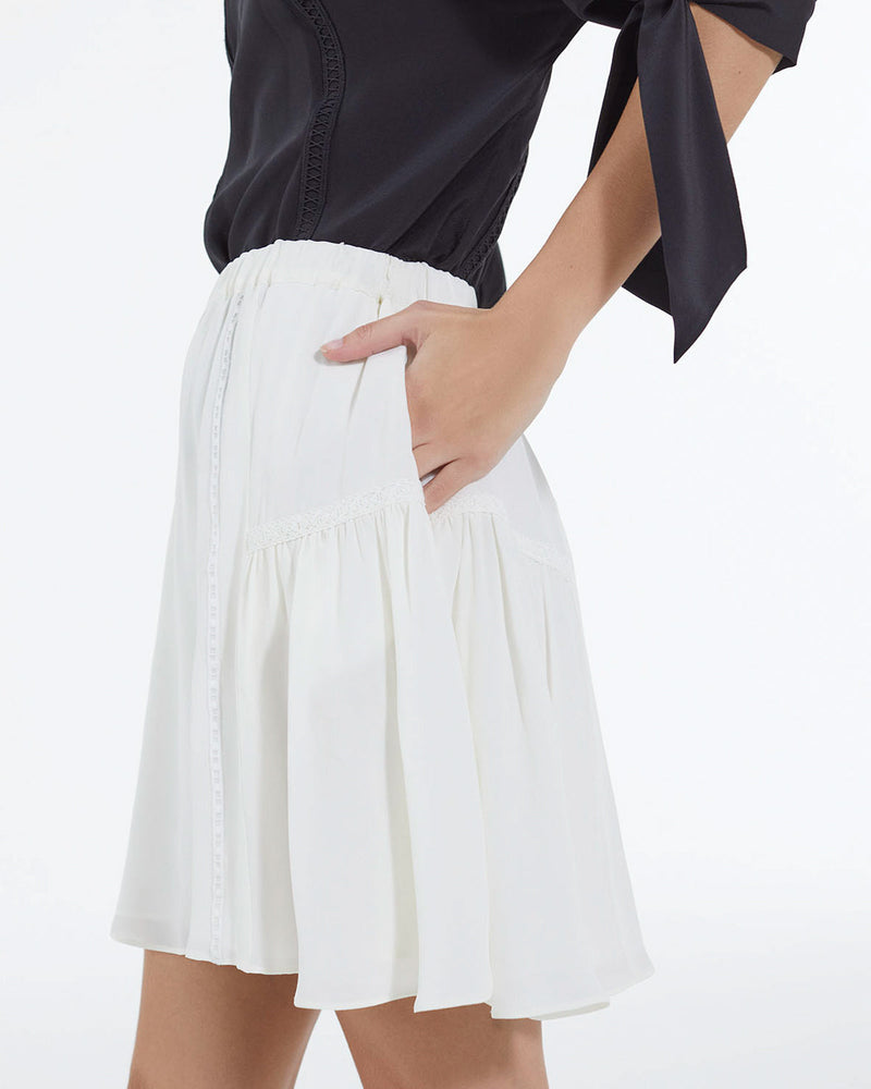 Short Ecru Silk Skirt with Gallon Detail - Women