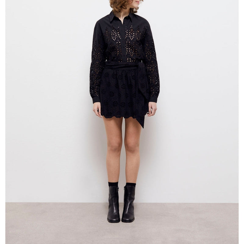 Jupe Patineuse En Broderie Anglaise Taille Haute - Noir - Femme