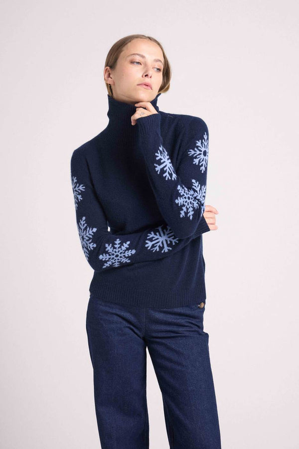 Pull Col Roule Flocons Flocon - Bleu Marine Bleu Ciel - Femme