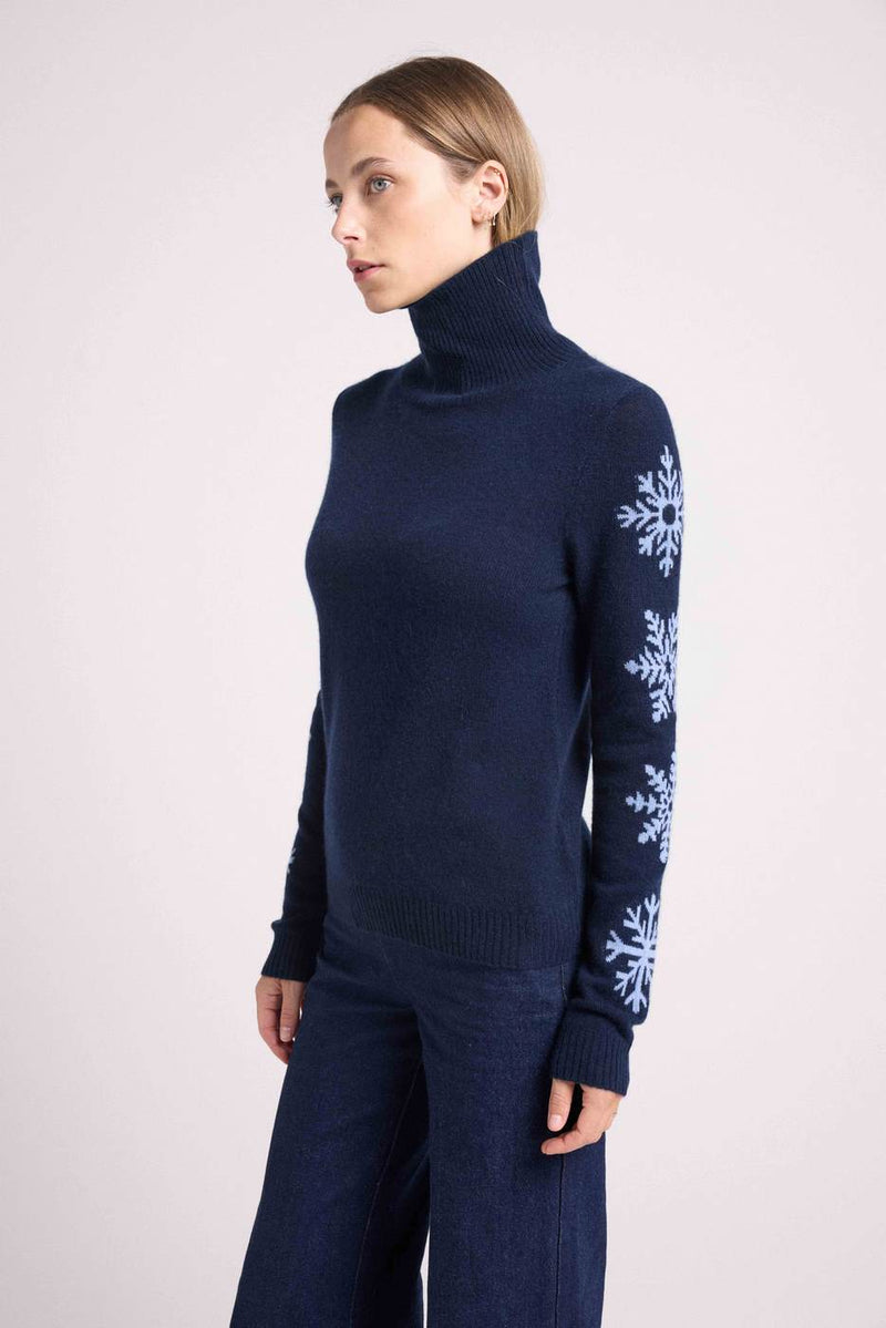 Pull Col Montant Flocon - Bleu Marine Et Flocon Bleu Ciel - 100% Cachemire Oeko-Tex - Femme