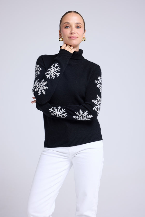 Pull Col Roule Flocons Flocon - Noir Blanc - Femme