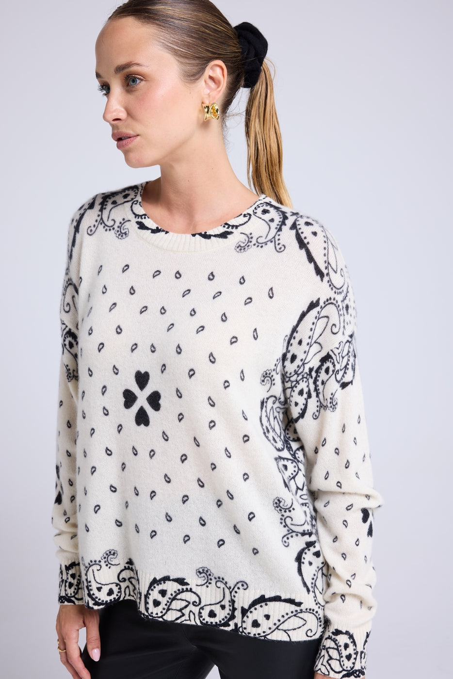 Jersey de cuello redondo bandana Flo - Blanco Negro - Mujer