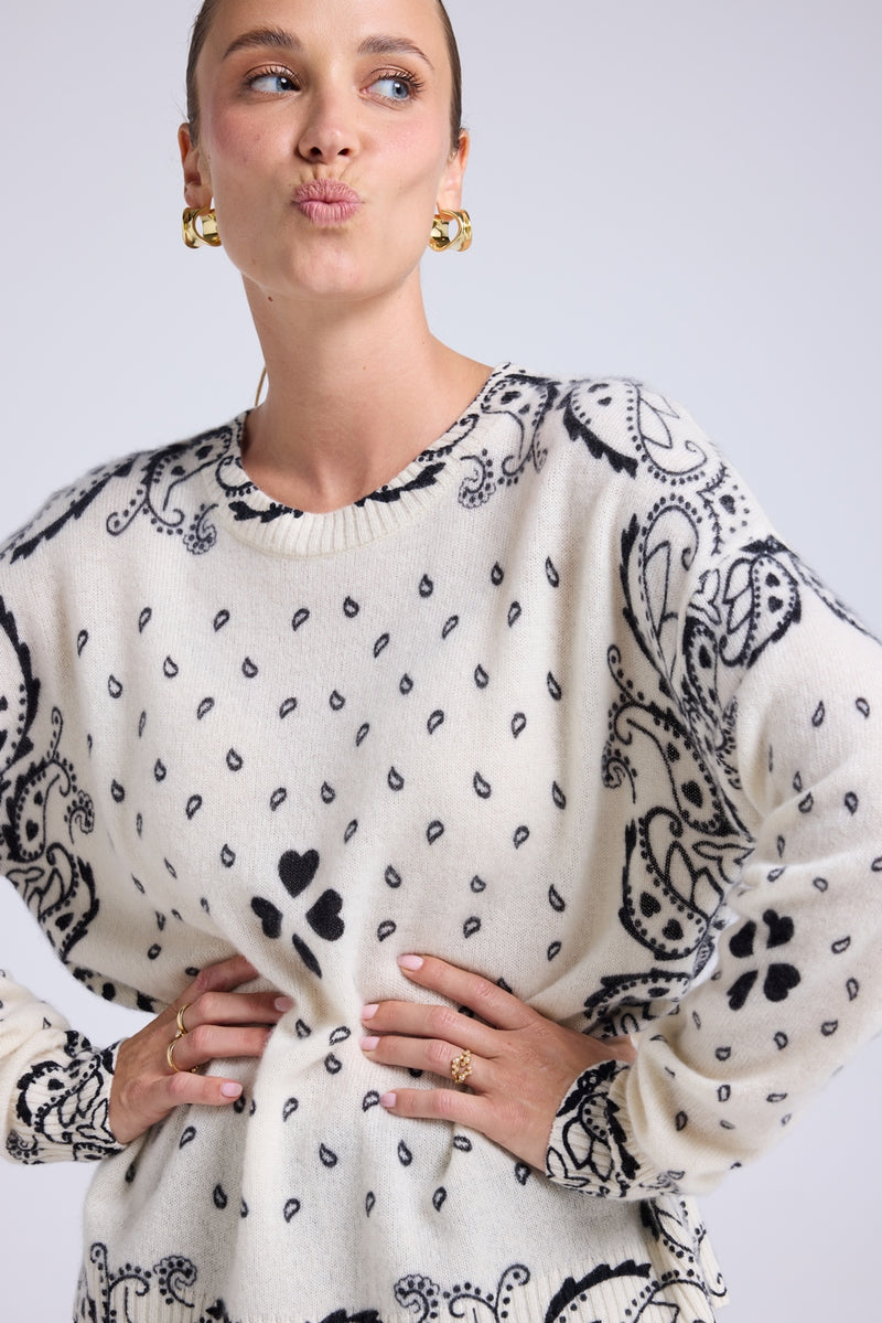 Pull Col Rond Bandana Flo - Blanc Noir