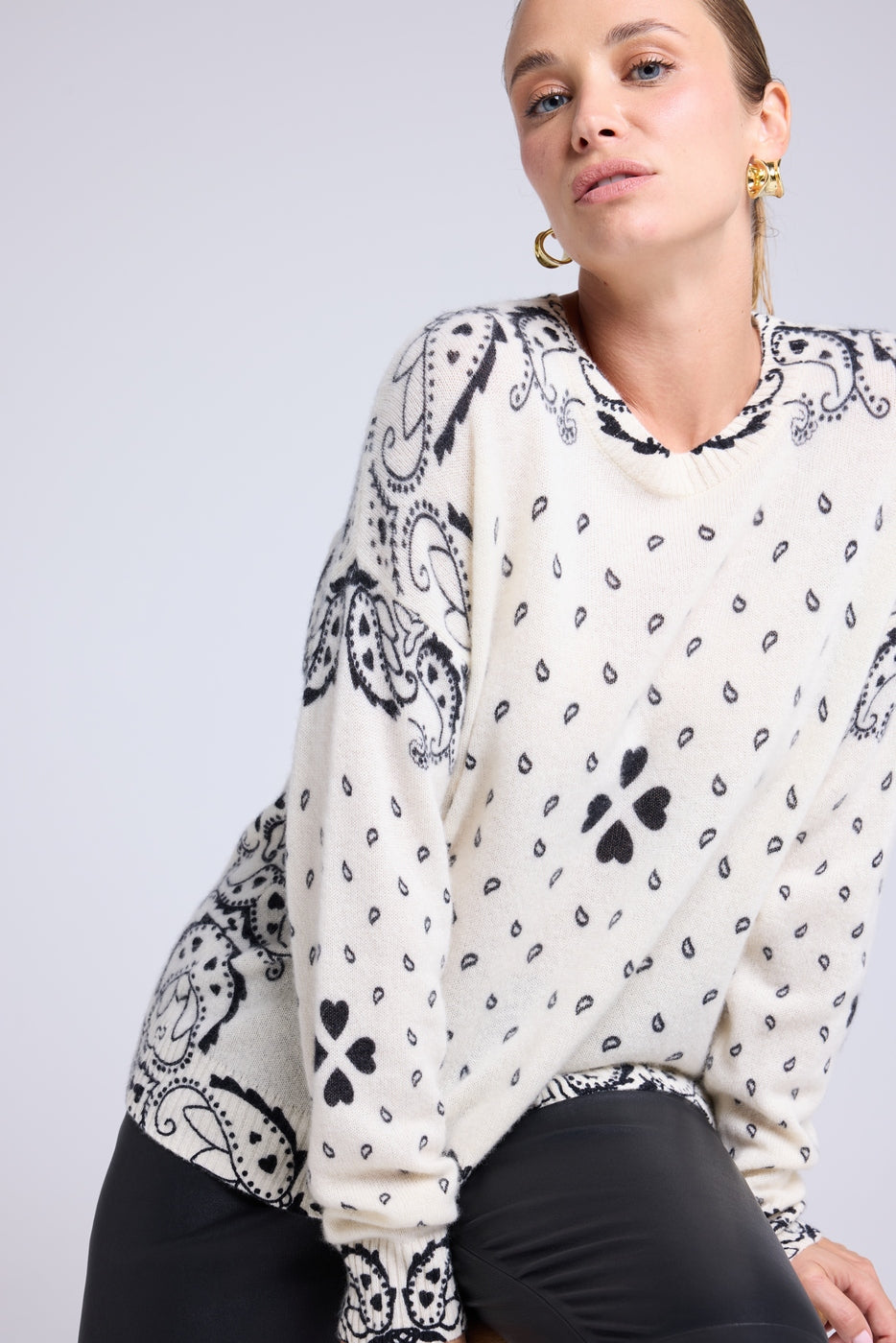 Jersey de cuello redondo bandana Flo - Blanco Negro - Mujer