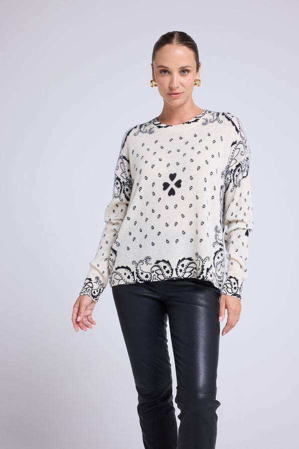 Pull Col Rond Bandana Flo - Blanc Noir - Femme