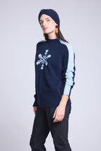 Jersey de cuello alto con gran copo de nieve Flora - Azul marino azul cielo - Mujer