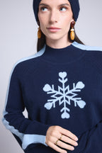 Jersey de cuello alto con gran copo de nieve Flora - Azul marino azul cielo - Mujer