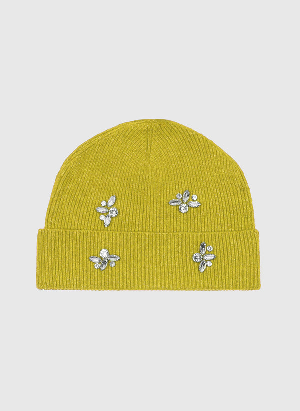 An'ge – Bonnet Flossie Jaune, bonnet jaune moutarde en maille côtelée orné de bijoux brillants