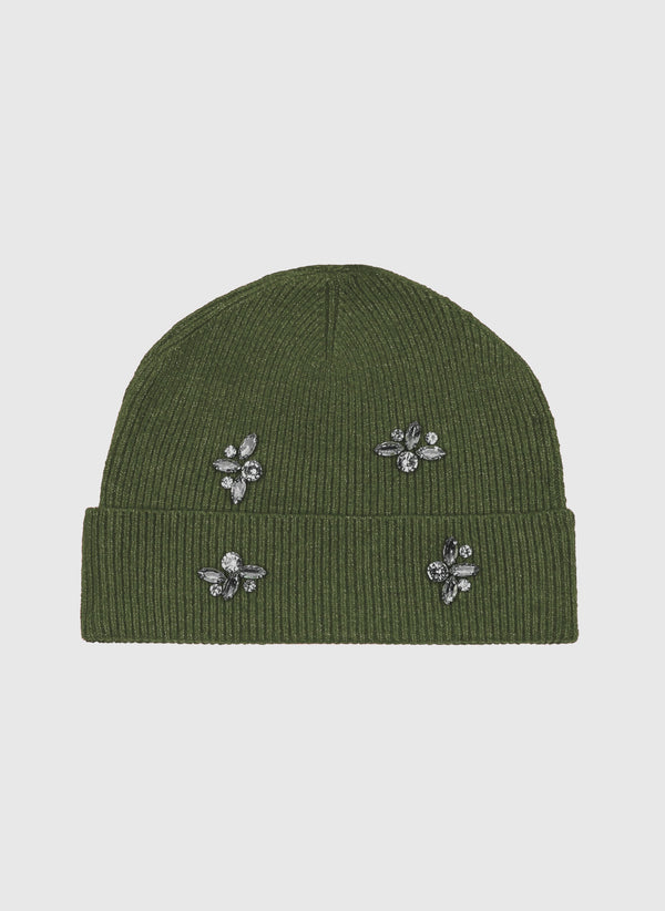 An'ge – Bonnet Flossie Kaki, bonnet vert kaki en maille côtelée avec des broderies de strass