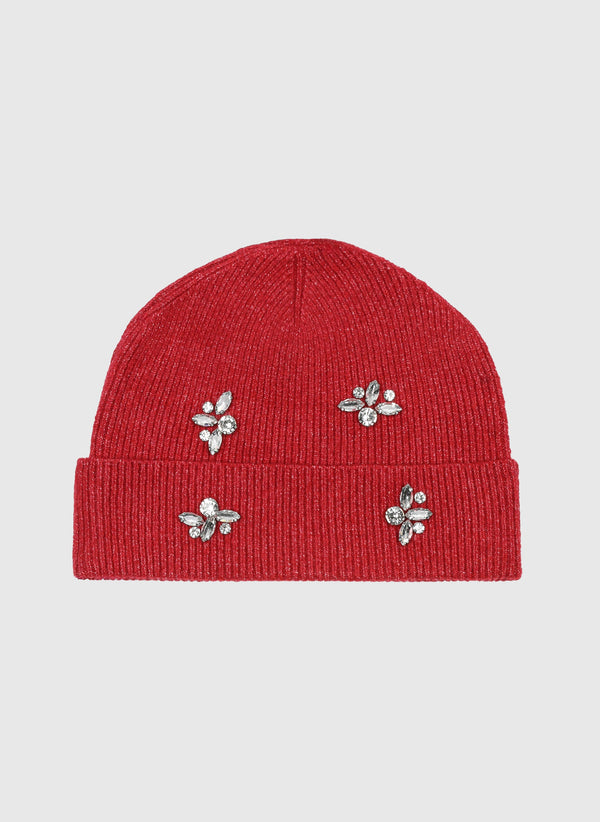 An'ge – Bonnet Flossie Rouge, rød ribstrikket hue prydet med rhinstensmønstre