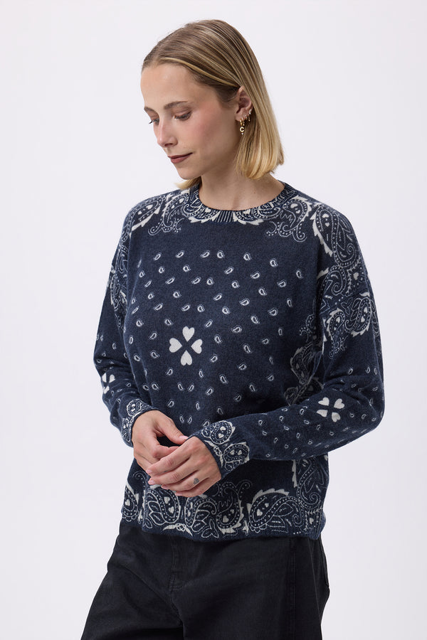 Pull Col Rond Print Cœur Bandana Flo - Bleu Marine Blanc - Femme