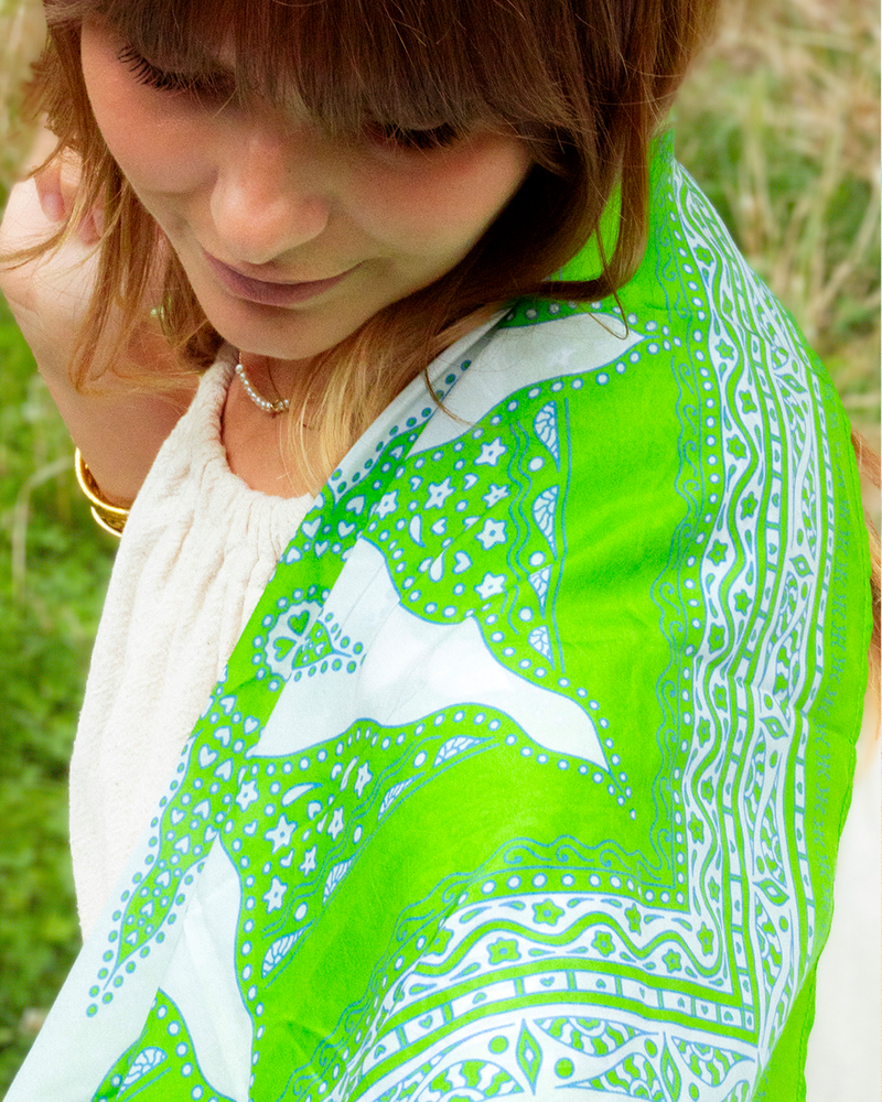 Foulard Siargao Soie - Vert & Blanc - 100% Soie