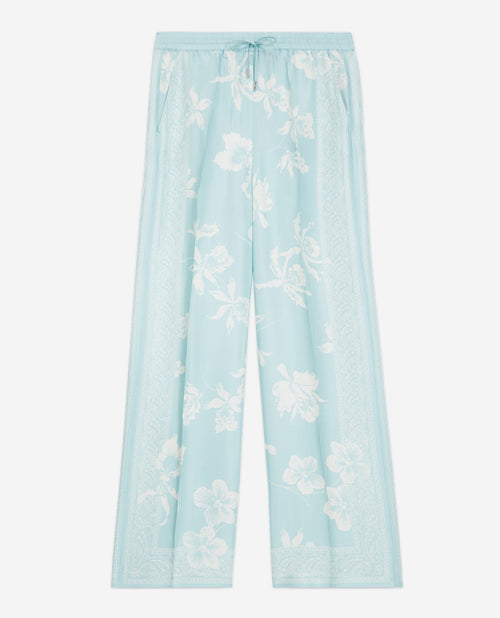 Pantalon Bleu Et Blanc Motif Foulard Fluide - Femme