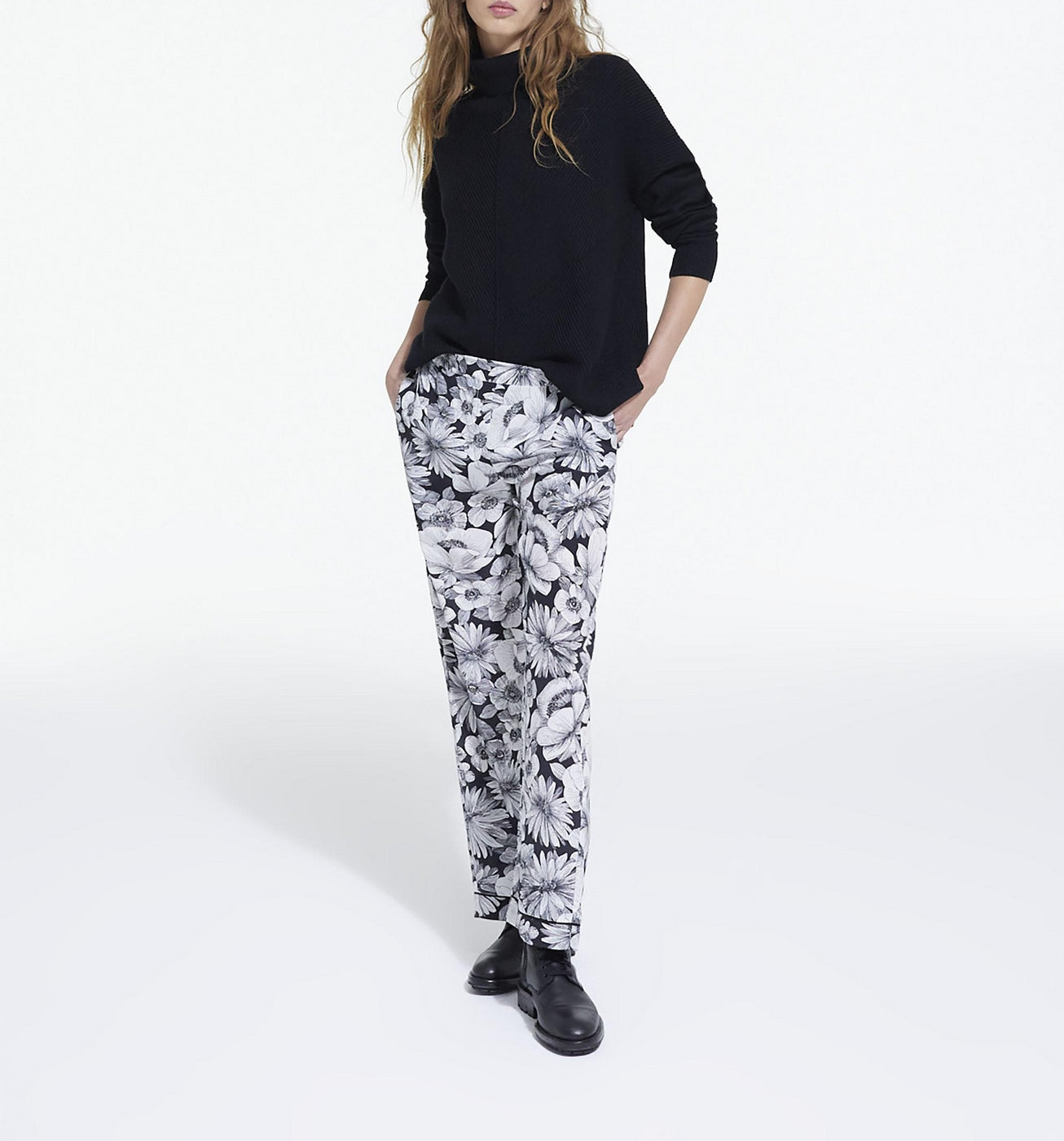 The Kooples - Straight-Leg Silk Trousers - Ecru and Black - Women
