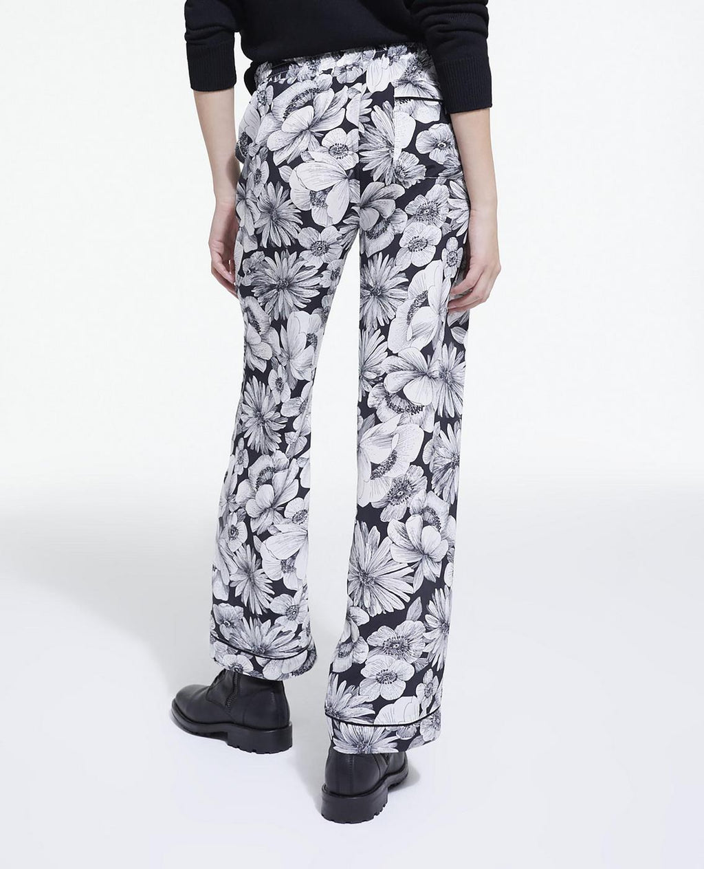 The Kooples - Straight-Leg Silk Trousers - Ecru and Black - Women