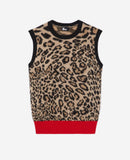 Jersey con cuello redondo y jacquard con canalé de leopardo en contraste - Mujer