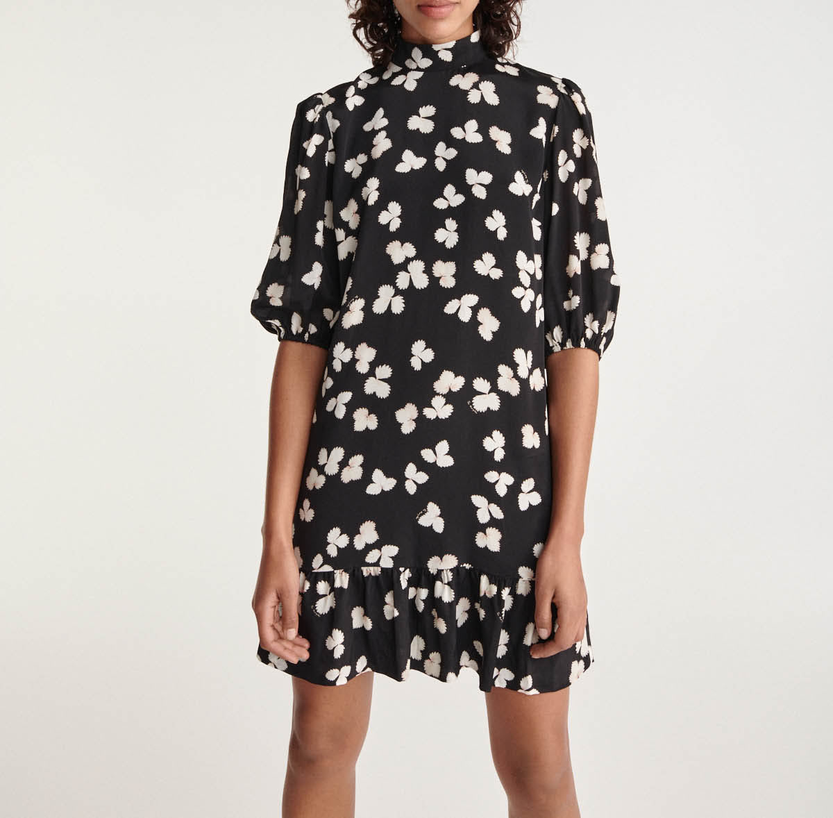 The Kooples - Short Black Dress with Ecru Pattern High Collar - Women