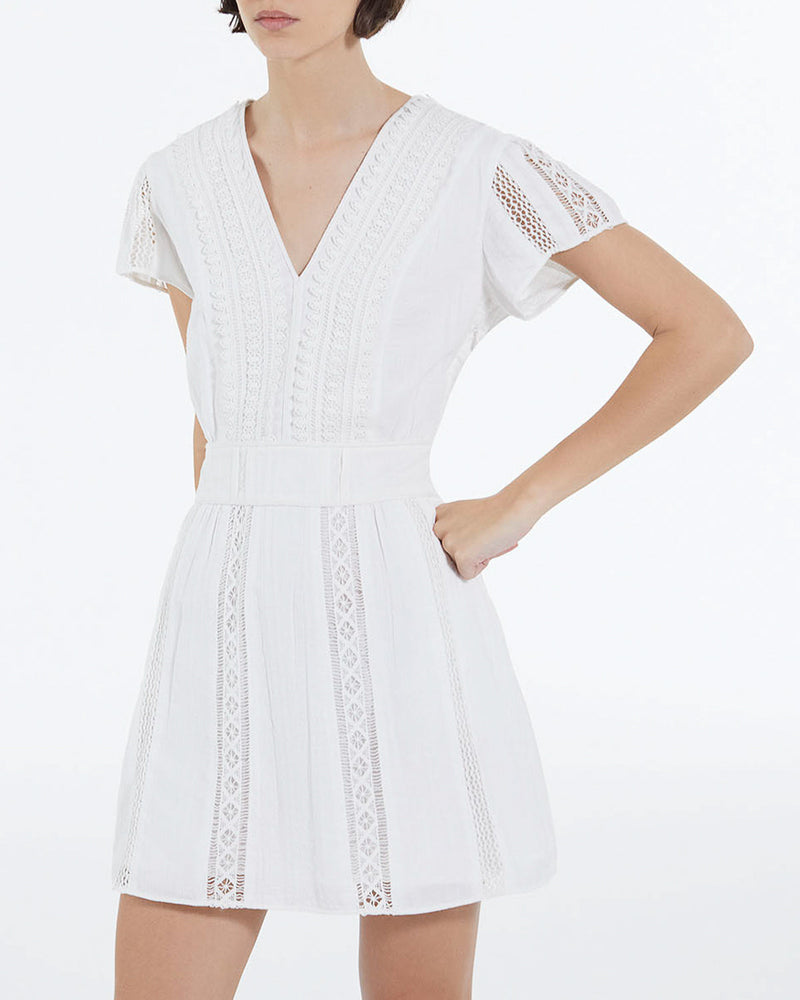 Robe Brodée Écrue Courte Détail Gallon - Femme